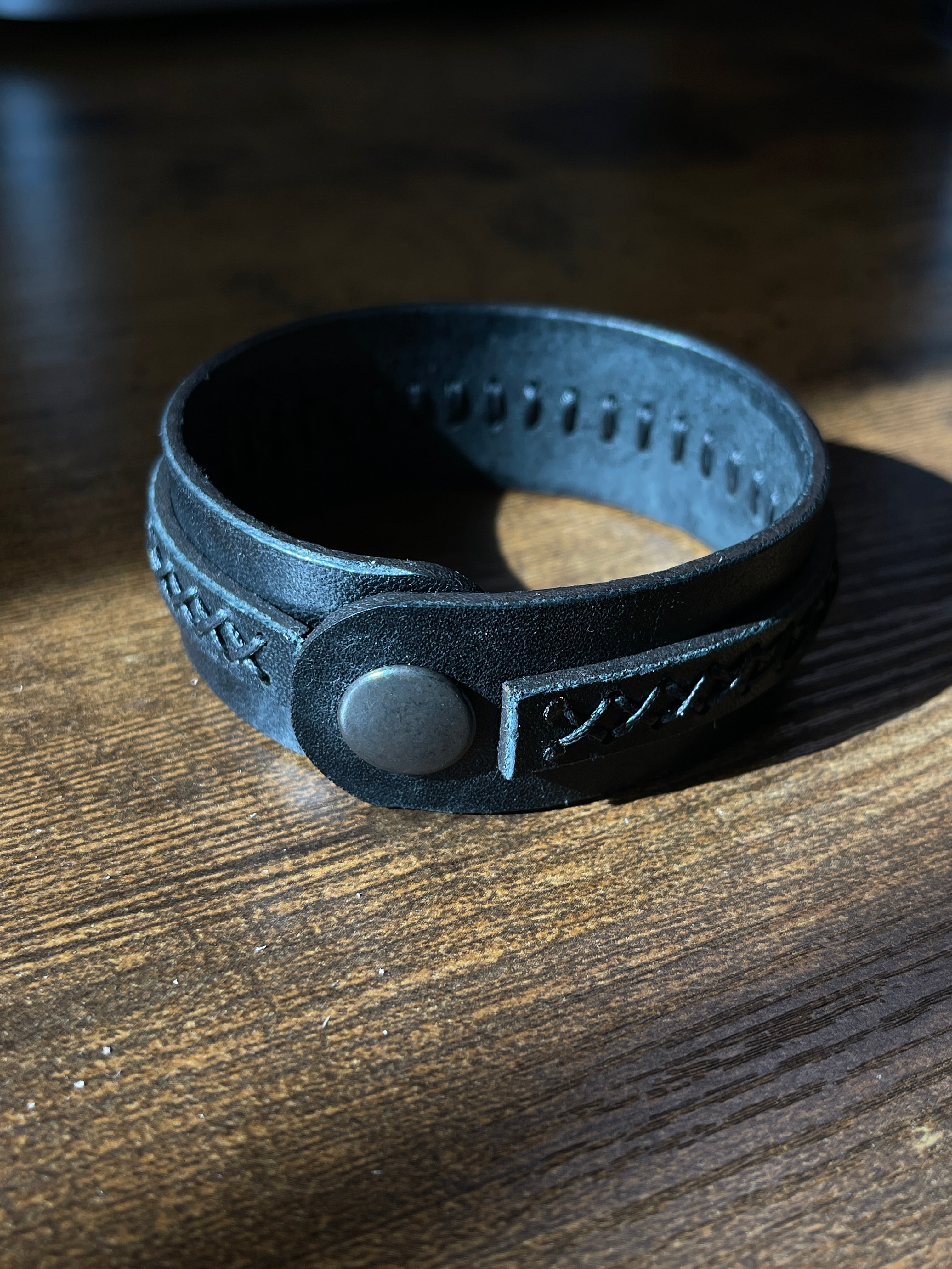 Cross-Stitched Leather Bracelet with Snap Closure - Black