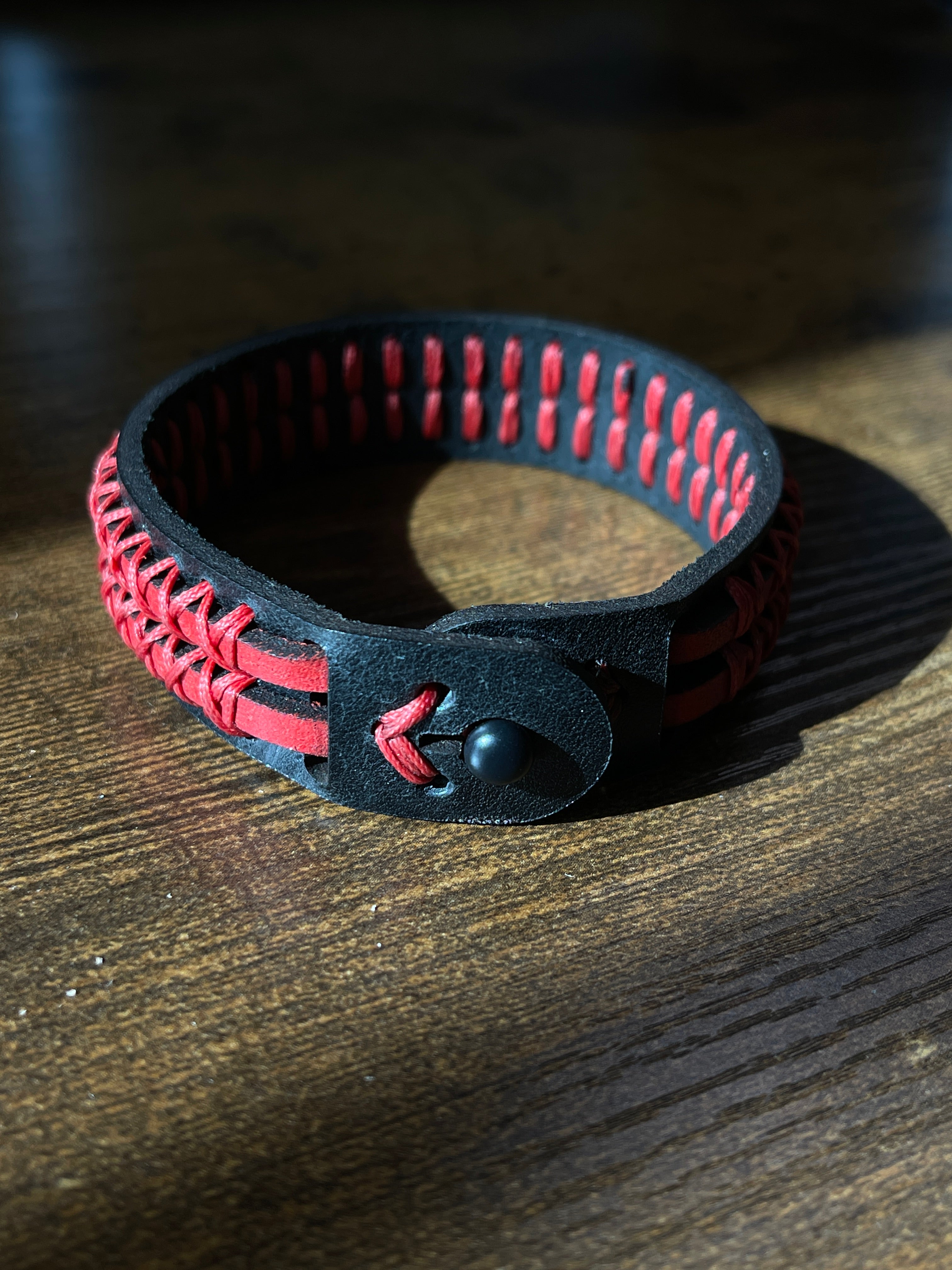 Double row Cross-Stitched Leather Bracelet with Sam Browne Closure - Red