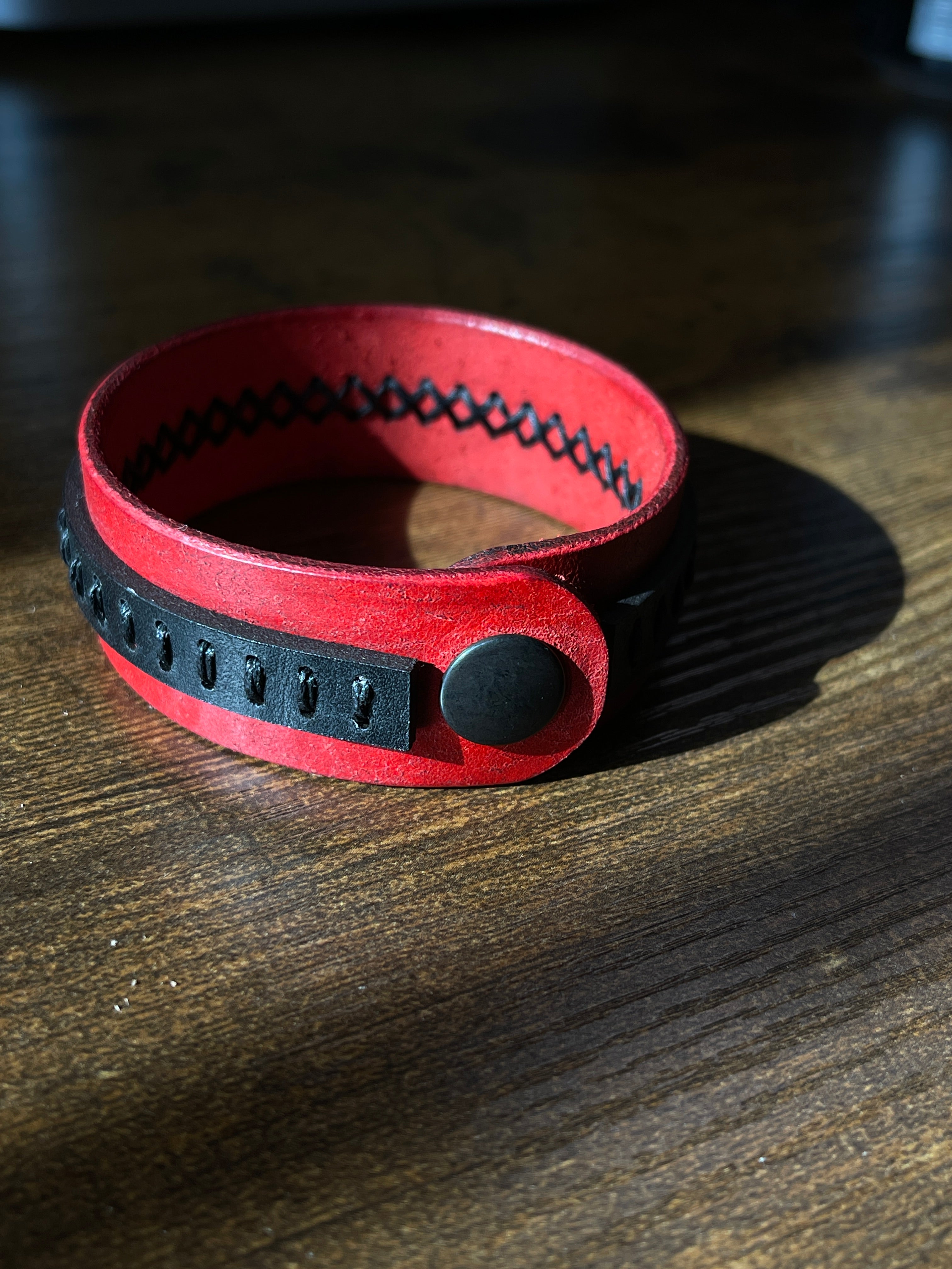 Bar-Stitched Leather Bracelet with Snap Closure - Red