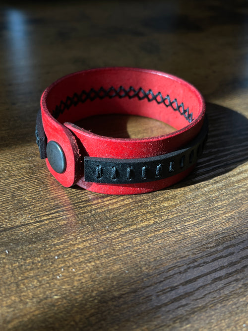 Bar-Stitched Leather Bracelet with Snap Closure - Red