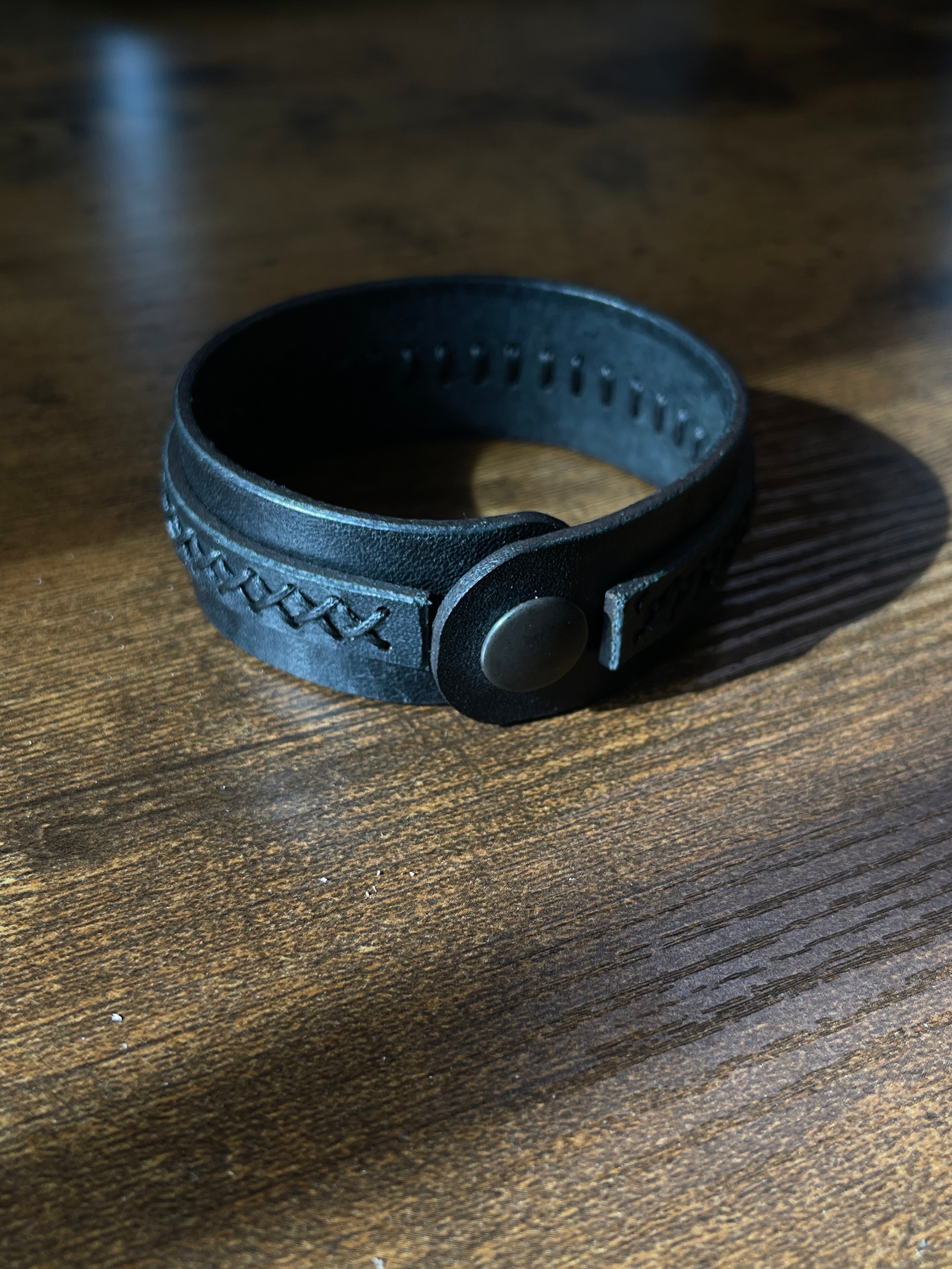 Cross-Stitched Leather Bracelet with Snap Closure - Black
